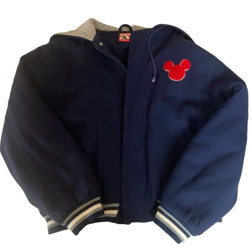 Vintage Disneyland Mickey Mouse Navy Blue Wool Bomber Jacket Split Hood Mens L